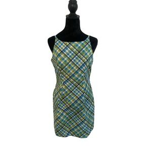 Vintage Y2K Breakin Loose Plaid Mini Dress Green Blue White Square Neck Size 7/8